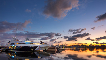 Sunset view of yacht in Palm Harbor Marina of South Florida